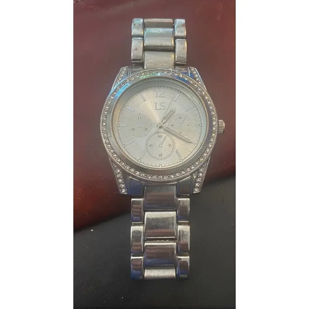 Silver Tone LS 40mm Watch with Rhinestone Bezel, Bracelet Band
